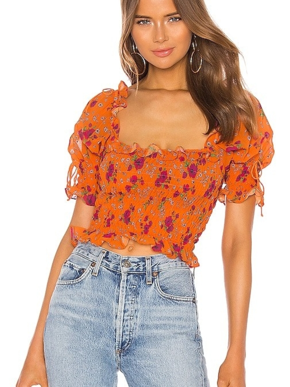 For Love And Lemons Smocked Floral Crop Top in Orange
